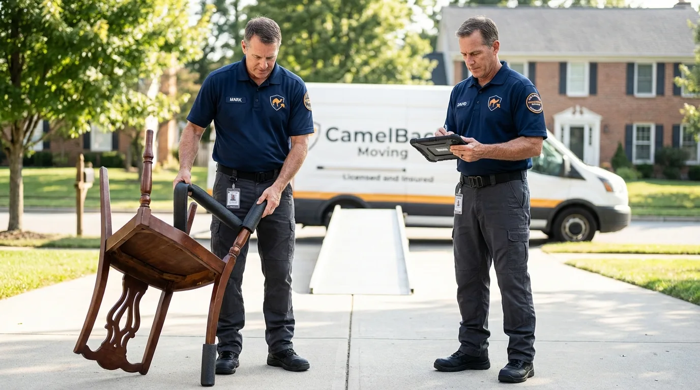 Movers inspecting furniture for damage prevention before loading in Fredericktown, OH